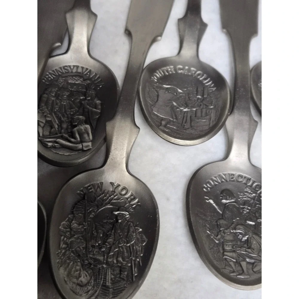 Vintage 1976 Franklin Mint 13 Colonies Pewter Souvenir Spoon Set Bicentennial